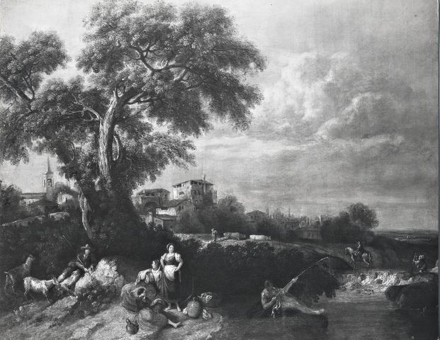 A. C. Cooper — Zuccarelli Francesco - sec. XVIII - Paesaggio con fiume, pescatore, lavandaie e pastore — insieme